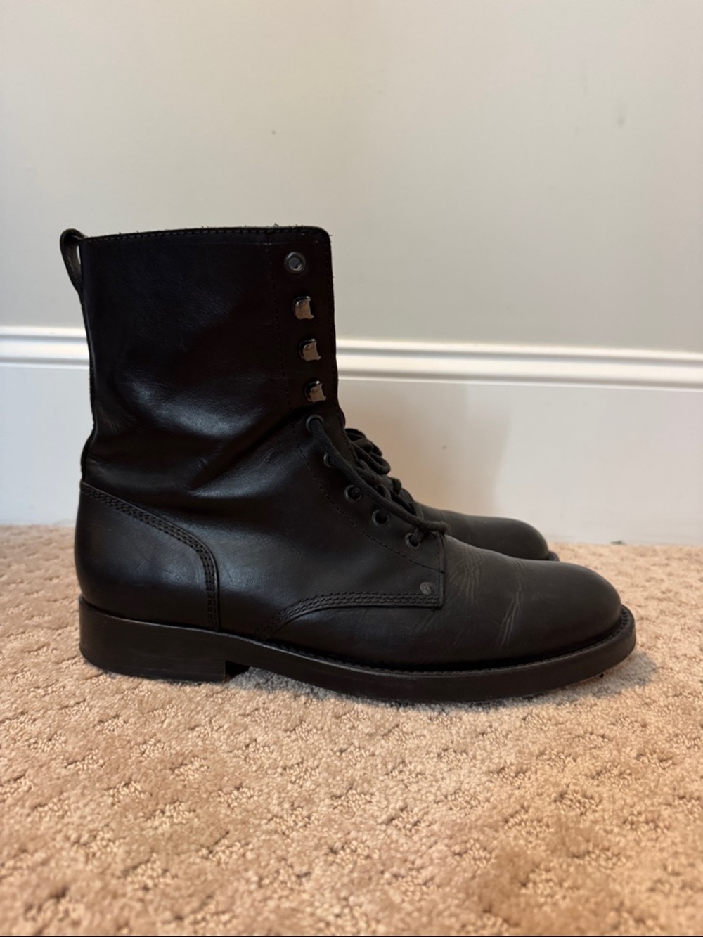Ralph Lauren Purple Label Black Leather Lace-Up Combat Boots